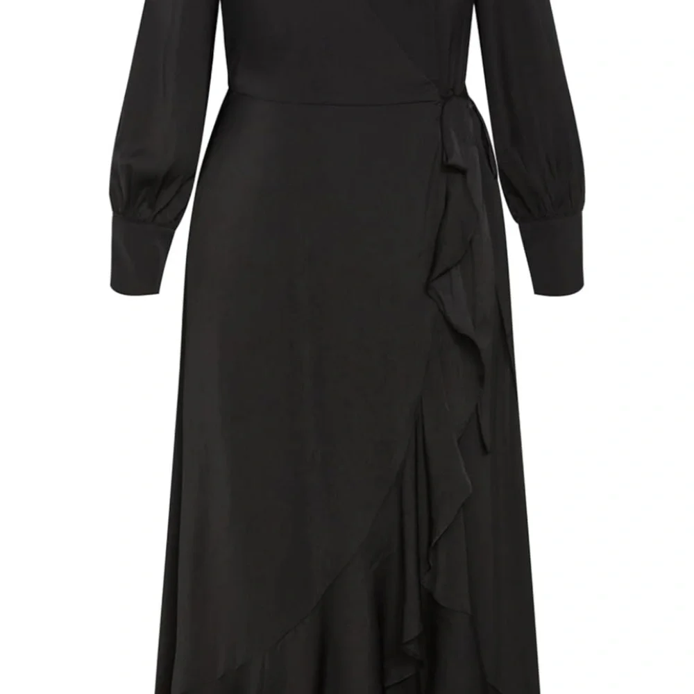 Elegant Black Matte Satin Flowing Ruffle Hem Balloon Sleeve True Wrap Dress - Picture 5 of 8